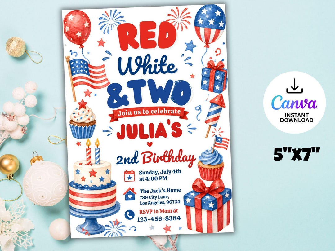 Red White and Two Birthday Invitation: Patriotic 4th of July Party ...