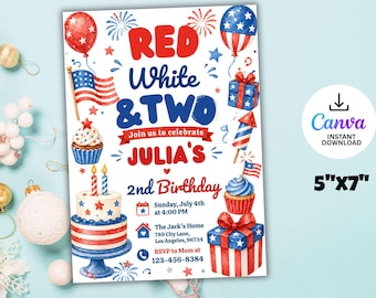 Red White and Two Birthday Invitation: Patriotic 4th of July Party (Digital Download