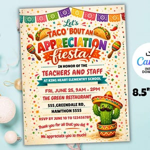 Può includere: Un invito colorato per una "Taco 'Bout an Appreciation Fiesta!" in onore di insegnanti e personale. Il design include tacos, maracas e un cactus con un sombrero. L'invito misura 21,59 cm x 27,94 cm.