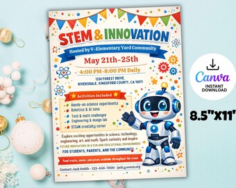 Editable STEM Fair Flyer: School Science Night, Instant Download (Canva Template)