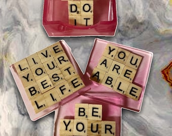 Motivational Coasters | Custom Color Coasters with Motivational Sayings | Scrabble Resin Coasters with Custom Dye Colors