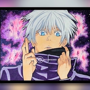 May include: Anime-style artwork of a character with white hair and bright blue eyes. The character is wearing a dark purple outfit and has a black scarf. The background features a purple and pink galaxy design. The artwork is framed in black.
