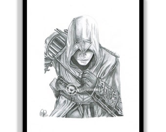 Assassin Drawing Print, Handmade Video Game Art (8.5x11)