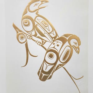 Poster originale con stampa artistica indigena d'epoca "Ravens" delle Prime Nazioni, contemporaneo Haida della costa occidentale del Pacifico