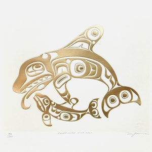 Original First Nations "Killer Whale And Calf" Contemporary Haida Pacific West Coast Vintage Indigenous Native Art Print Poster
