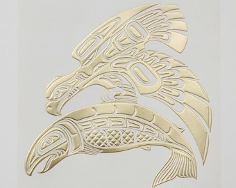 Originele First Nations "Adelaar met zalm" hedendaagse Haida Pacific West Coast vintage inheemse inheemse kunst print poster door Jody Wilson