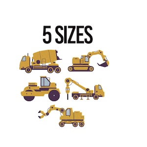 May include: Five yellow construction vehicles in different sizes, including a cement mixer, excavator, roller, crane, and a smaller vehicle with a claw. The text "5 SIZES" is above the vehicles.