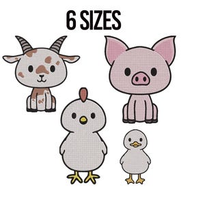 Puede incluir: Un conjunto de cuatro diseños de bordado de animales de dibujos animados: una cabra marrón y blanca, un cerdo rosa, una gallina blanca y un patito amarillo. Los diseños están delineados en negro y tienen un estilo simple y lindo. El texto "6 TAMAÑOS" está encima de los diseños.