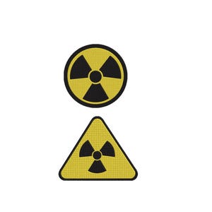 May include: Two yellow and black radiation hazard symbols. One is circular, the other is a yellow triangle. Both feature the trefoil symbol, a warning for ionizing radiation.