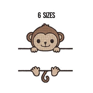 Puede incluir: Diseño de bordado de un mono marrón con el texto "6 SIZES" encima. El mono se sujeta a una línea horizontal con las manos. La cola del mono cuelga por debajo de otra línea horizontal.