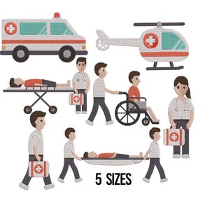 Puede incluir: Ilustración de una ambulancia, un helicóptero y personal médico. La imagen incluye figuras empujando una silla de ruedas, llevando una camilla y sosteniendo botiquines de primeros auxilios. El texto "5 SIZES" está en la parte inferior.