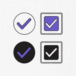 May include: Four checkmark icons in a variety of designs. Two are circular, one with a white background and the other black. The other two are square, one with a purple background and the other black. All have a purple or white checkmark.