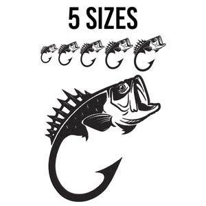 Peut inclure: Silhouette noire et blanche d'un poisson de basse avec un hameçon. Le poisson saute hors de l'eau. L'image comprend le texte "5 SIZES".