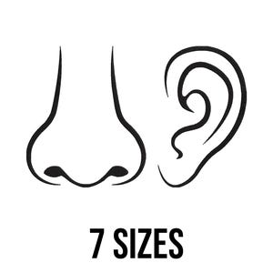 May include: Line drawing of a nose and an ear, with the text "7 SIZES" below.