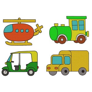 May include: A collection of four colorful embroidered transportation vehicles: a helicopter, a train, a tuk-tuk, and a truck. The helicopter is orange with a yellow rotor, the train is green and yellow, the tuk-tuk is green and yellow, and the truck is yellow.