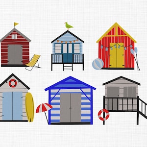 Puede incluir: Ilustración de seis casetas de playa coloridas, rojas, azules y amarillas. Cada caseta tiene detalles únicos como una silla de playa, una tabla de surf y un salvavidas. Un diseño alegre para artículos con temática costera.