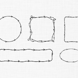 Può includere: Cinque cornici nere in filo spinato di varie forme: un cerchio, un quadrato, un rettangolo, un rettangolo lungo e un ovale. Le cornici sono su uno sfondo bianco strutturato.