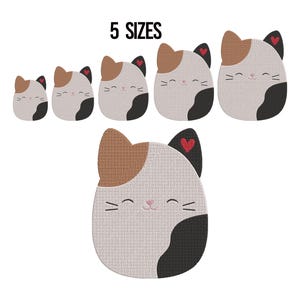 May include: An image displays five cat-shaped designs in varying sizes. Each cat has a tan ear, a black ear with a red heart, and a black patch. The cats have smiling faces with small whiskers. The text "5 SIZES" is at the top.