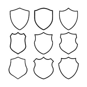 May include: Nine black outline shield designs on a white background. The shields vary in shape, with some having pointed tops and others with scalloped edges. The shields are empty inside, ready for customisation.