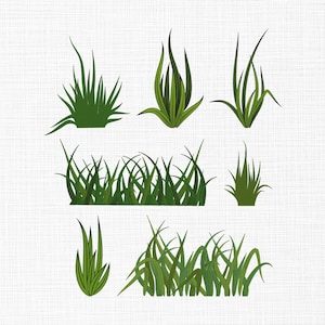 Op de afbeelding: Een verzameling gestileerde groene grasillustraties in verschillende vormen en maten. De ontwerpen omvatten grasplukken en individuele bladeren, perfect voor digitale kunst of designprojecten. Het gras is afgebeeld in groentinten tegen een witte achtergrond.