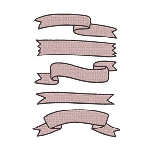 May include: A collection of six embroidered ribbons in varying shapes and sizes. The ribbons are a muted rose color with a textured appearance and black outlines. The design is set against a clean white background.
