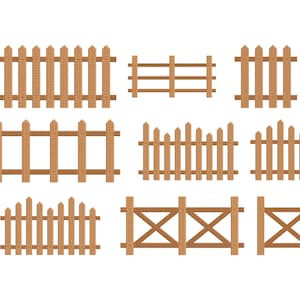 Peut inclure: Illustration de neuf modèles de clôtures en bois de différentes formes. Les clôtures sont de couleur marron clair et sont posées sur un fond blanc. Les modèles comprennent des clôtures à piquets, des clôtures à barreaux et des clôtures à croisillons.