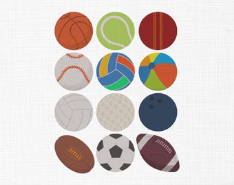 May include: A collection of 12 different sports balls, including a basketball, baseball, soccer ball, volleyball, tennis ball, golf ball, bowling ball, cricket ball, beach ball, rugby ball, and a football.