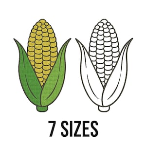 May include: Two corn illustrations on a white background. One is colored with yellow kernels and green husks, the other is a black and white outline. The text "7 SIZES" is below the illustrations.
