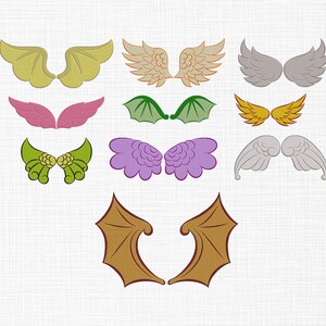 May include: A collection of embroidered wing designs in various colors, including yellow, pink, green, purple, gold, and brown. The wings are stylized, with different shapes and patterns, suitable for crafting or embellishment projects.