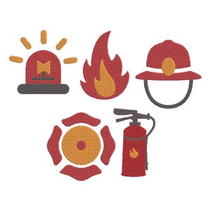 Peut inclure: Ensemble de patchs brodés représentant des symboles de sécurité incendie. Comprend une alarme incendie rouge et or, une flamme, un casque de pompier, un emblème de service d'incendie et un extincteur.