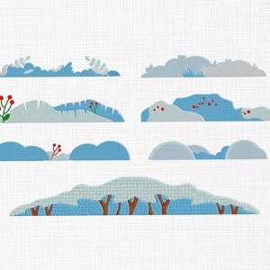 May include: A collection of embroidered landscape designs featuring stylized hills and foliage in shades of blue, gray, and brown. Some designs include red berries and tree-like elements, perfect for crafting or decorative projects.