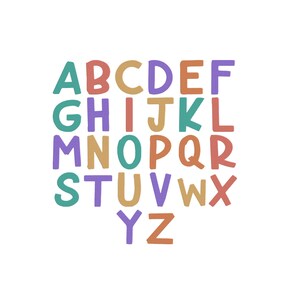 May include: A colorful alphabet chart featuring all twenty-six letters from A to Z arranged in a grid. Each letter is rendered in a hand-drawn style with a rounded, bold font. The letters alternate between teal, red, tan, purple, and orange colors.