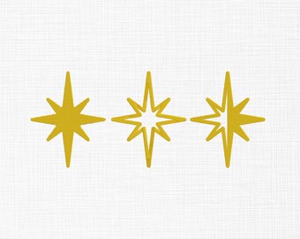 May include: Three yellow starburst designs on a white background. Each star has a different style, with solid and open designs. The stars are evenly spaced and create a decorative pattern.