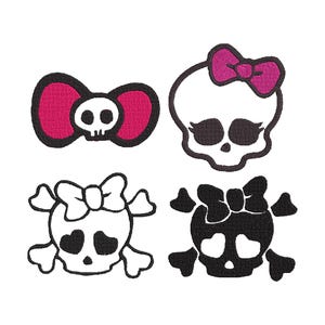 May include: Four embroidered skull designs. Two skulls have bows, one in pink and black, the other in pink. The other two skulls have crossbones, one in black and white, the other in black.