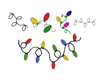 Diseño de bordado de luces navideñas, adornos navideños bordados, marco de luces, borde de luces navideñas, bordado a máquina, 5 tamaños
