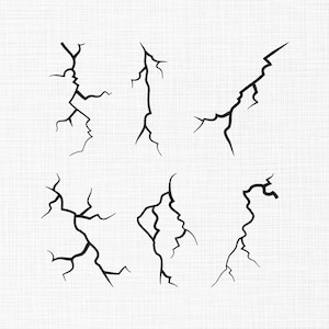 Könnte beinhalten: Sechs schwarze Riss-Illustrationen auf weißem Hintergrund. Die Risse variieren in Form und Größe, mit gezackten Linien und Verzweigungsmustern. Das Bild hat einen einfachen, grafischen Stil, geeignet für digitales Design oder Druck.