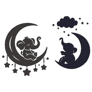 Baby Elephant Moon and Stars Embroidery Design, Cute Baby Elephant and Moon Silhouette Design, Baby Shower Embroidery Machine Design,5 Sizes