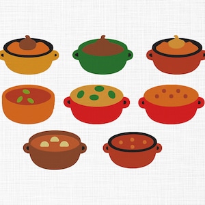 Puede incluir: Ilustración de ocho platos de cocina en ollas redondas con asas. Los platos son de varios colores, incluyendo naranja, verde, rojo y marrón. Algunos tienen aderezos. Colección de ilustraciones culinarias.