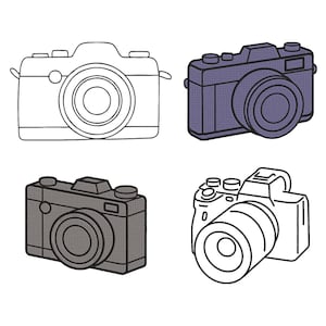 May include: Four illustrations of cameras. One is a black and white outline, another is purple, and the third is gray. The fourth camera is a black and white outline with a large lens.