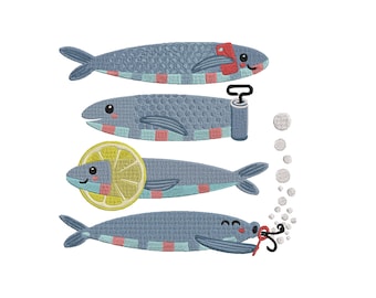 Ensemble de sardines motif de broderie, motif de broderie d'été, motif de broderie poisson, fichier de broderie de sardines, broderie de sardines, 5 tailles