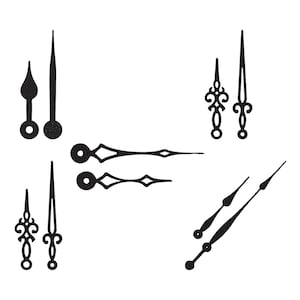 May include: A collection of black clock hands in various styles, including ornate and simple designs. The hands are in different shapes and sizes, suitable for clock making or repair projects. The image is set against a plain white background.