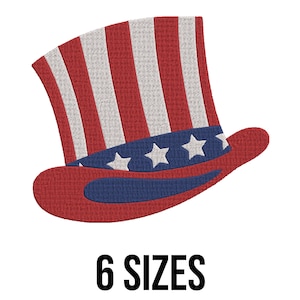 Könnte beinhalten: Stickdatei für eine rot-weiß-blaue Uncle-Sam-Mütze. Die Mütze hat einen roten Rand mit einem blauen Band und eine weiß-rote gestreifte Oberseite.