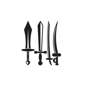 May include: A set of four black swords with different blade shapes and designs. The swords are arranged vertically, with the largest sword at the top and the smallest sword at the bottom.