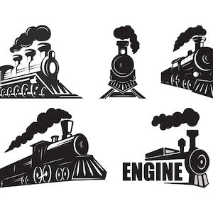 May include: A collection of black and white train illustrations. The images depict various views of steam locomotives, including side profiles, front views, and angled perspectives. One image includes the word "ENGINE".