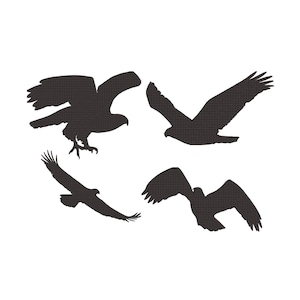 May include: Four black eagle silhouettes in various flying poses against a white background. One eagle is perched, while the others are in flight, showcasing their wingspans and dynamic movement.