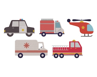 Pacchetto di modelli di ricamo per veicoli, auto della polizia, elicottero, camion dei pompieri, ambulanza, file di progettazione per macchine da ricamo per veicoli da trasporto, 6 dimensioni