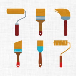 May include: A collection of six colorful paint tools, including paint rollers and brushes. The tools feature shades of yellow, brown, red, and blue. The image is a flat illustration on a white background.