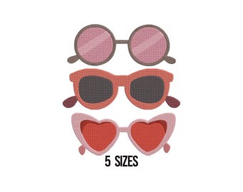 Glasses Applique Embroidery Design, Glasses Embroidery Design Set, Sunglasses Machine Embroidery, Heart Shape Sunglasses Embroidery, 5 Sizes