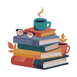 May include: A stack of colorful books with a teal mug of coffee on top.  The books are arranged in a graduated size with the largest book on the bottom and the smallest book on top.  There are two small sprigs of leaves on either side of the stack of books.  A pair of glasses is resting on the top book.