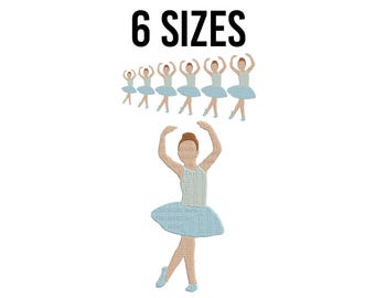 May include: Six different sizes of embroidered ballerina patches in various shades of blue. The largest patch is a single ballerina with her arms raised in a dance pose. The text "6 SIZES" is at the top of the image.